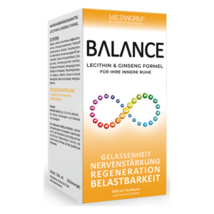 Verpackung eines Nahrungsergänzungsmittels mit dem Namen 'BALANCE', enthält Lecithin und Ginseng für innere Ruhe.