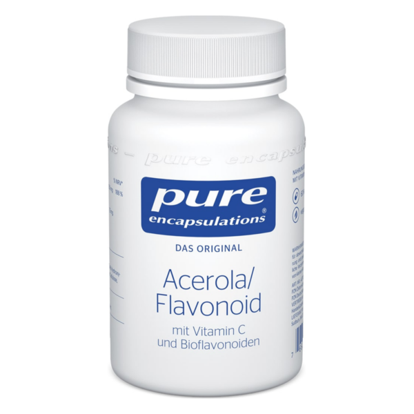 Weißes Supplement-Behältnis mit blauer Aufschrift "pure encapulation Acerola/Flavonoid" und Informationen zu den Inhaltsstoffen.
