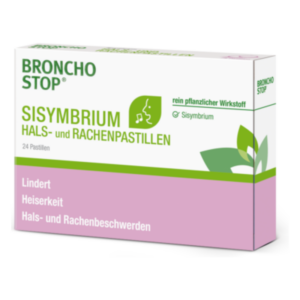 Verpackung von Broncho Stop Sisymbrium Hals- und Rachenpastillen, 24 Pastillen in einer Box zur Linderung von Heiserkeit.