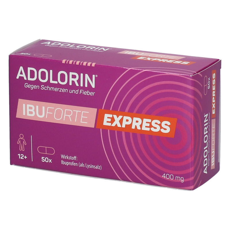 Verpackung von Adolorin IbuForte Express, 400 mg, zur Linderung von Schmerzen und Fieber, lila Design.