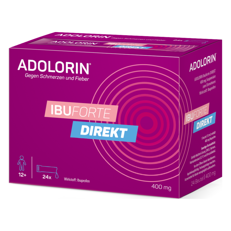 Packung von ADOLORIN IBUFORTE direkt, 400 mg, zur Linderung von Schmerzen und Fieber, violette Verpackung mit grafischen Elementen.
