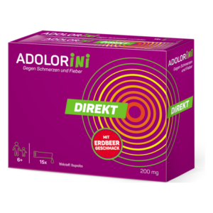 Lila Verpackung des Produkts ADOLORini gegen Schmerzen und Fieber, mit Erdbeergeschmack, 200 mg Ibuprofen, für Kinder ab 6 Jahren.