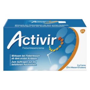 Verpackung von Activir Fieberblasencreme mit Beschreibung der Anwendung gegen Fieberblasen.