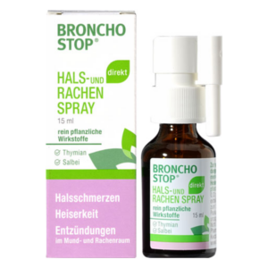 Braunes Sprühfläschchen mit weißem Sprühkopf, umgeben von einer farbigen Verpackung, bewirbt Broncho Stop Hals- und Rachenspray.