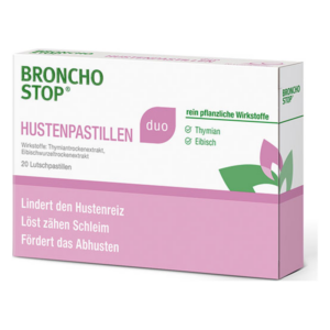 Verpackung von Broncho Stop Hustenpastillen mit pflanzlichen Wirkstoffen, inklusive Thymian und Eibisch.