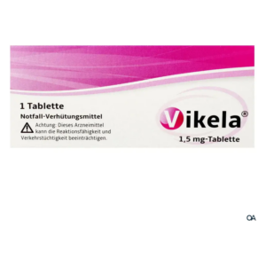 Verpackung einer Notfall-Verhütungstablette namens Vikela mit Warnhinweis zur Reaktionsfähigkeit.