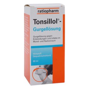 Packung Tonsillol Gurgellösung von ratiopharm mit Informationen zu Wirkung und Inhaltsstoffen, Inhalt 60 ml.