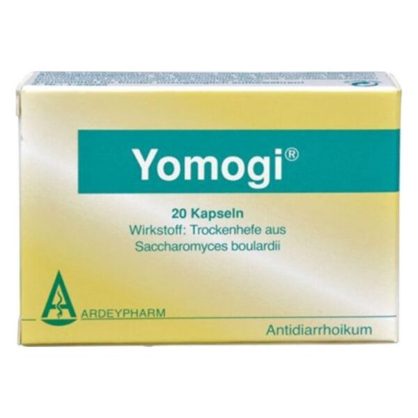 Packung mit Yomogi, enthalten sind 20 Kapseln mit dem Wirkstoff Trockenhefe aus Saccharomyces boulardii.