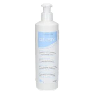 Weißer Pumpflasche mit DEXERYL, die zur Behandlung trockener Haut und Neurodermitis dient.