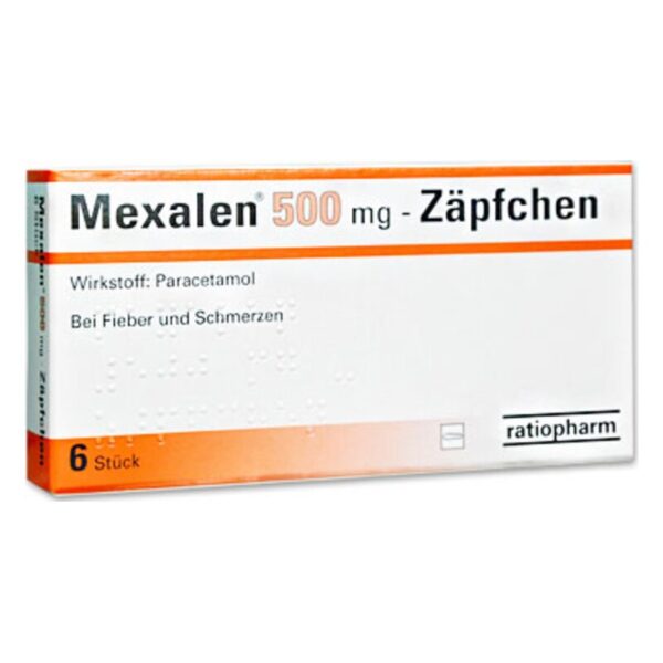 Verpackung mit Mexalen 500 mg Zäpfchen, Wirkstoff Paracetamol, zur Behandlung von Fieber und Schmerzen.