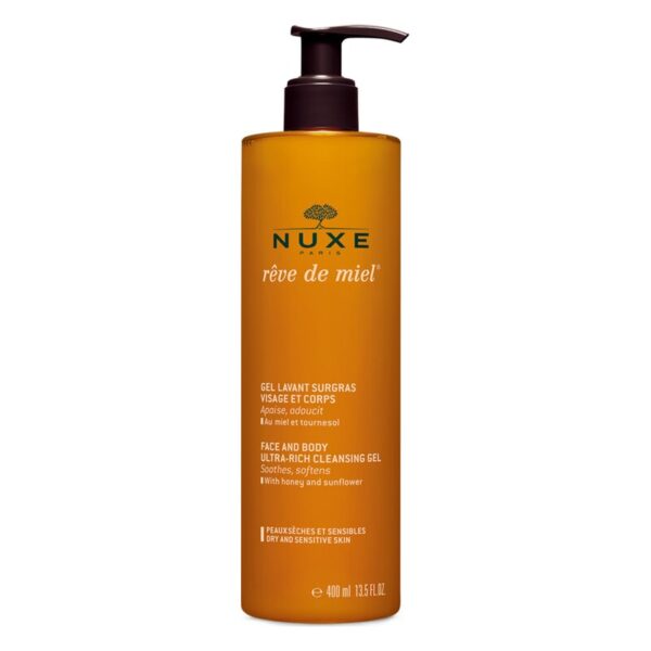 Flasche mit orangefarbenem Gel für Gesicht und Körper von NUXE, mit Pumpverschluss und Hinweis auf Honig und Sonnenblume.