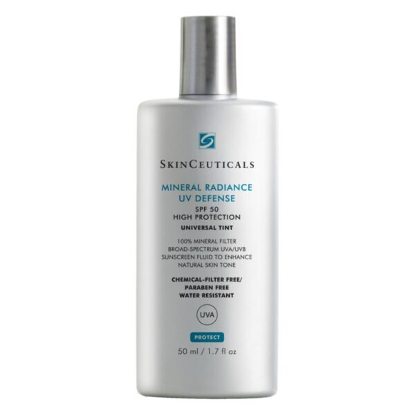 Sonnencreme in einer silbernen Flasche mit Pumpe, hochwirksamer mineralischer UV-Schutz, getönt für natürlichen Hautton.