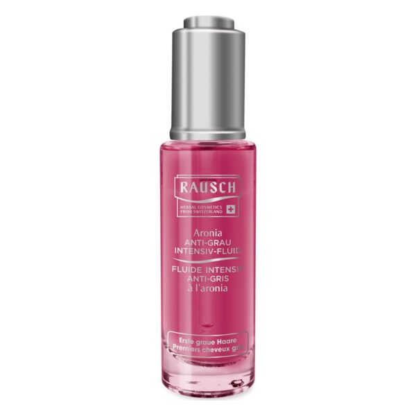 Rausch Aronia Anti-Grau Intensiv-Fluid in einer transparenten Flasche, pinkes Fluid, silberner Pumpenkopf.