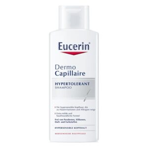 Weißer Shampoo-Flacon mit blauem und rotem Schriftzug, für hypersensible Kopfhaut, parfümfrei und ohne Farbstoffe.