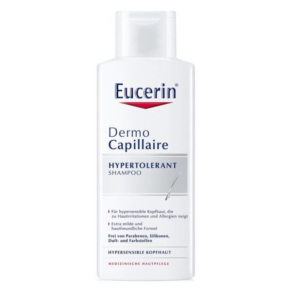 Weißer Shampoo-Flacon mit blauem und rotem Schriftzug, für hypersensible Kopfhaut, parfümfrei und ohne Farbstoffe.