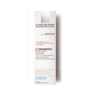 Verpackung der La Roche-Posay Redermic Retinol Augenpflege, betont die Verwendung von Retinol und hydratisierenden Inhaltsstoffen.