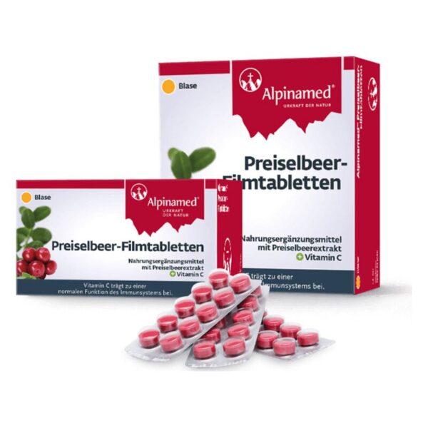 Verpackungen von Preiselbeer-Filmtabletten mit bunten Blisterpackungen und einer roten Box von Alpinamed.