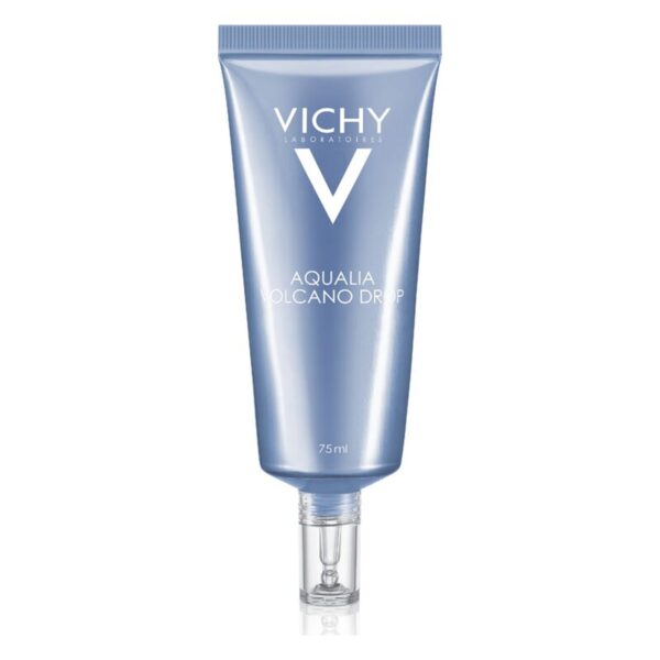 Vichy Aqualia Volcano Drop in blauer Tubenverpackung mit transparentem Spender, 75 ml Inhalt.