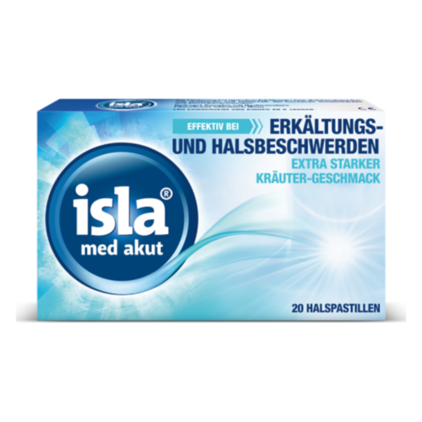 Packung mit Halspastillen zur Linderung von Erkältungs- und Halsbeschwerden, Kräutergeschmack, 20 Stück.
