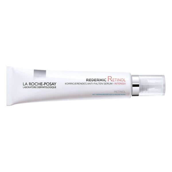 Weiße Tube mit Pumpkopf, La Roche-Posay Redermic Retinol, Anti-Falten Serum, mit wichtigen Inhaltsstoffen.