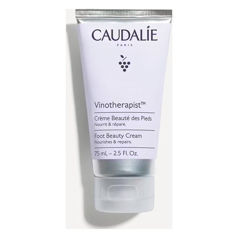 Tube mit Fußcreme von Caudalie, 75ml, helllila Verpackung mit schwarzem Schriftzug.