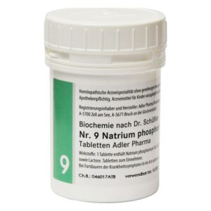 Weißer Kunststoffbehälter mit grünem Etikett, enthalten Natrium phosphoricum Tabletten, homöopathisches Arzneimittel.