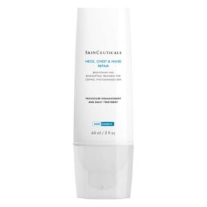 Hautpflegecreme in einem weißen, schmalen Flakon mit Pumpverschluss zur Behandlung von Hautschäden an Hals, Brust und Händen.