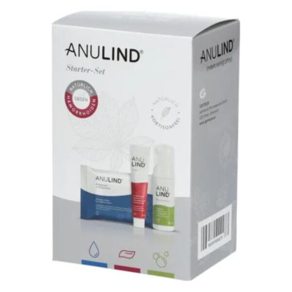 Verpackung des Anulind Starter-Sets mit drei Produkten zur Unterstützung gegen Hämorrhoiden, sanfte Farben und Naturmotive.