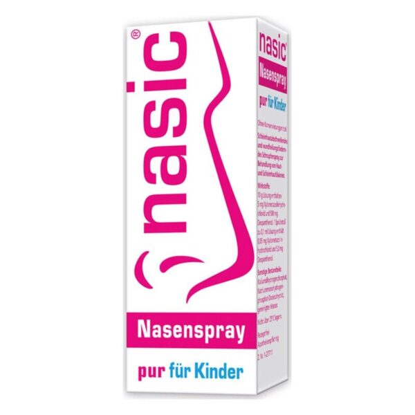 Nasic Nasenspray für Kinder in einer weißen Packung mit pinkem Schriftzug