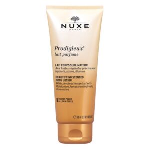 Tube mit goldfarbener Körperlotion, beschriftet mit "NUXE Prodigieux lait parfumé", und Informationen zu Inhaltsstoffen.