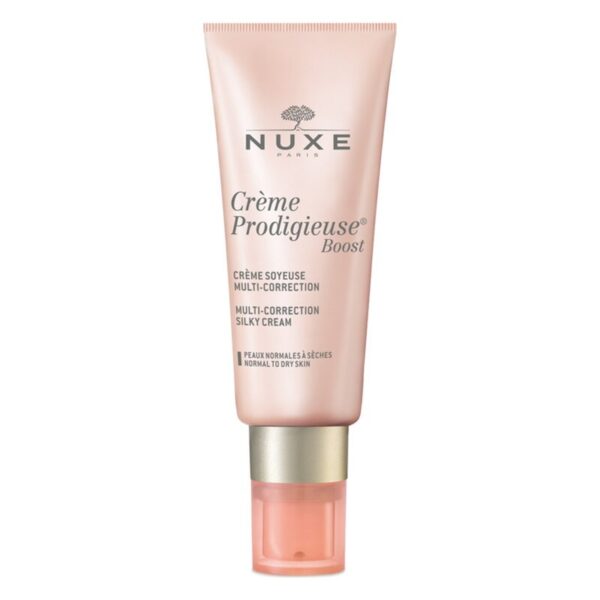 Rosa Tube mit silikonen Creme für normale bis trockene Haut, mit Pumpverschluss und Beschriftung in mehreren Sprachen.