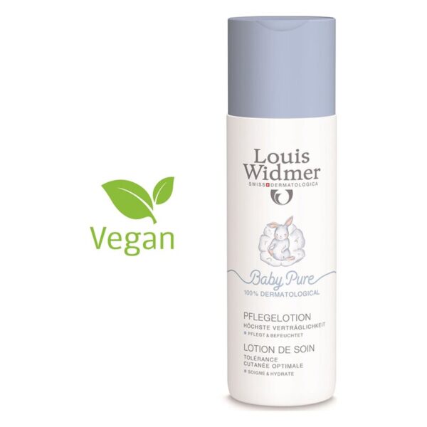 Flasche mit Babypflege-Lotion von Louis Widmer, vegan, mit abgerundetem Deckel und Illustrationen eines Kaninchens.