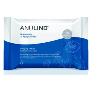 Reinigungstücher von ANULIND in blauer Verpackung, dermatologisch getestet für Analbeschwerden.