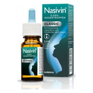 Nasensprayflasche mit Tropfverschluss und Verpackung im Hintergrund, zeigt eine stilisierte Silhouette.