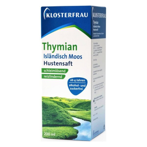 Verpackung des Thymian Hustenansatzes in einer grünen Box mit Informationen zu Inhaltsstoffen und Anwendung.