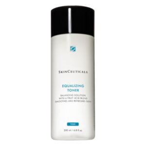 Hautpflegemittel in einer weißen Flasche mit schwarzem Deckel, beschrieben als ausgleichender Toner.