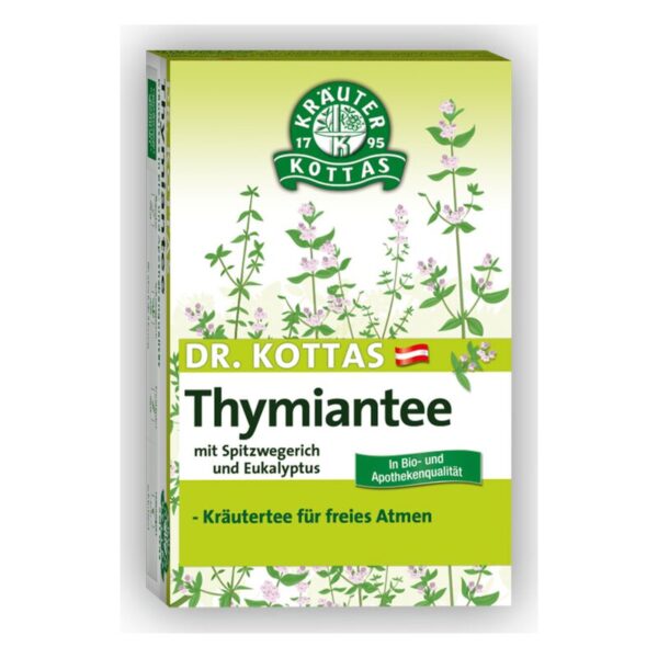 Verpackung von Dr. Kottas Thymiantee mit Kräutermotiven, inklusive Spitzwegerich und Eukalyptus.
