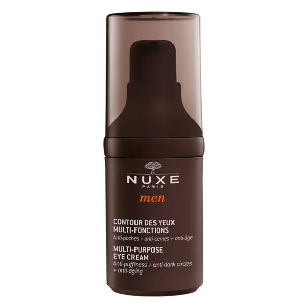 Brauner Spender mit Pumpmechanismus für eine mehrzweck Augencreme von Nuxe, betont Anti-Aging Eigenschaften.
