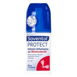 Soventol Protect Intensiv-Schutzspray zur Mückenabwehr in einer weißen Flasche mit blauer Kappe.