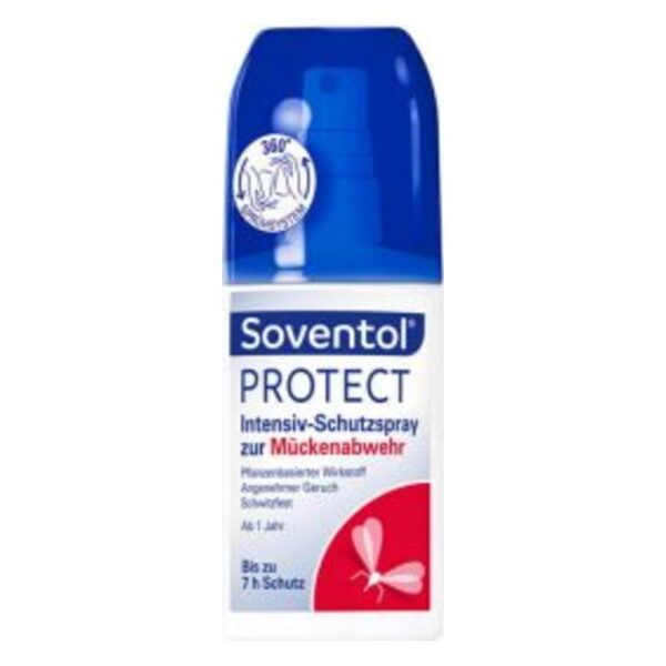 Soventol Protect Intensiv-Schutzspray zur Mückenabwehr in einer weißen Flasche mit blauer Kappe.