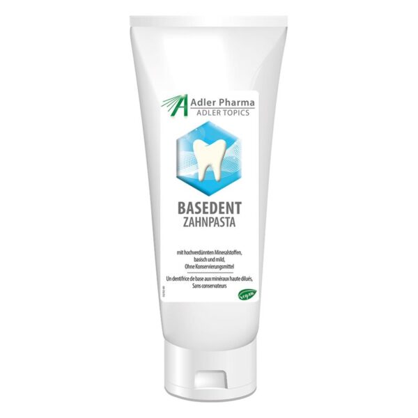 Tube mit Zahnpasta der Marke BASEDENT, verpackt in einem weißen Kunststoffbehälter mit blauer und grüner Grafik.