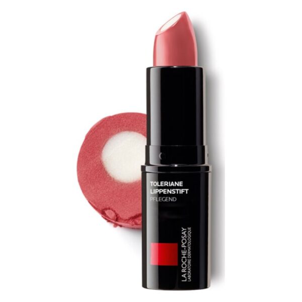 Ein Toleriane Lippenstift von La Roche-Posay mit einem rosafarbenen Farbton und schwarzem Gehäuse.