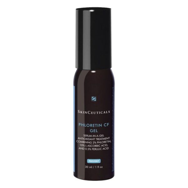 Brauner Flakon mit schwarzem Deckel, SkinCeuticals Phloretin CF Gel, enthält Antioxidantien zur Hautpflege.