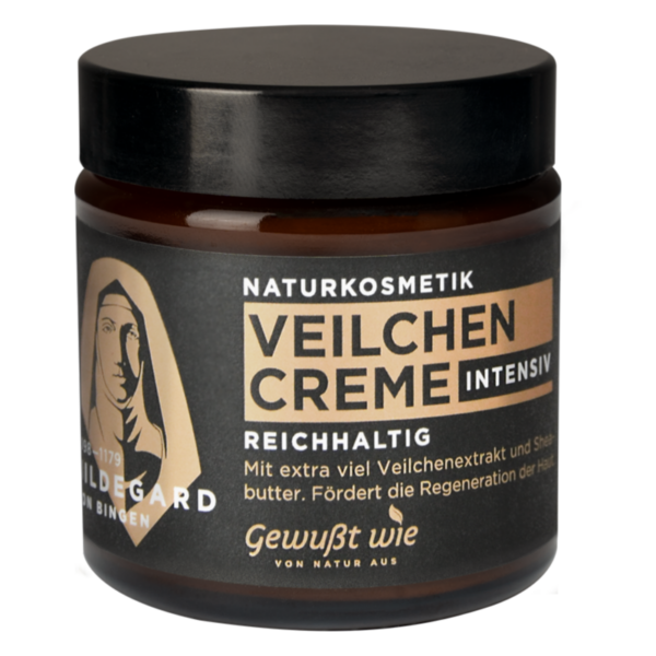 Eine Glascreme-Behälter mit schwarzem Deckel, beschriftet mit "Veilchen Creme intensiv" und Informationen zur Naturkosmetik.