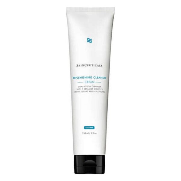 Gesichtswasser in einer weißen Tube mit schwarzem Verschluss, beschriftet mit "Replenishing Cleanser Cream".