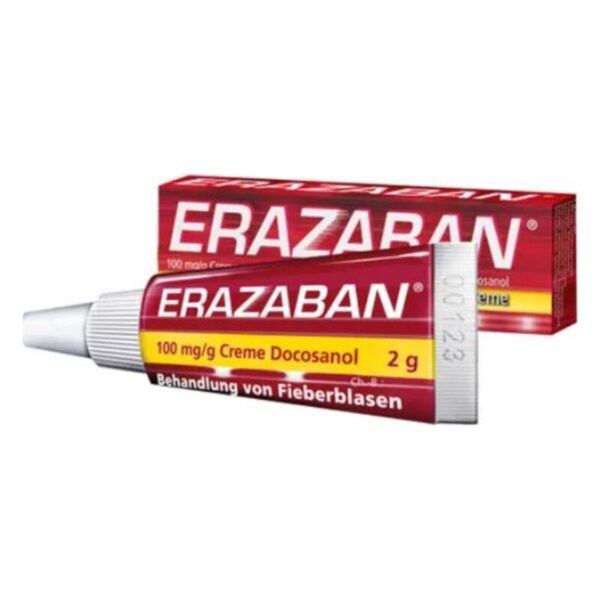 Tube mit Erazaban Creme zur Behandlung von Fieberblasen, 2 g mit Warningschrift und Inhaltsangaben.