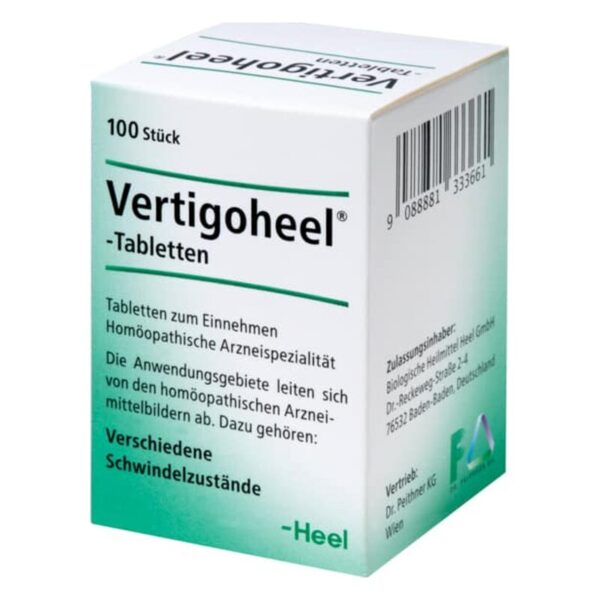 Verpackung von Vertigoheel-Tabletten in einer weißen Box mit grüner Schrift, geeignet gegen Schwindelzustände.