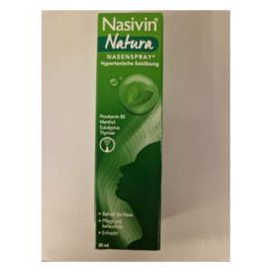 Grüner Karton des Nasensprays Nasivin Natura mit Inhaltsstoffen und Anwendungshinweisen.