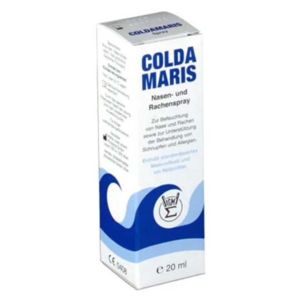 Packung mit Coldamaris Nasen- und Rachenspray für die Befeuchtung von Nase und Rachen, 20 ml.