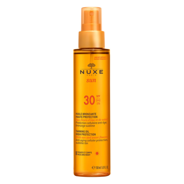 Transparente Flasche mit goldenem Bräunungsöl von Nuxe, Schutzfaktor 30, für Gesicht und Körper.